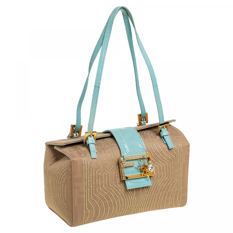 Pre Owned Fendi Beige/Aqua Fabric and Lizard FF Flap Embellished Satchel