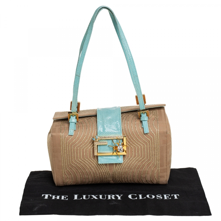 Pre Owned Fendi Beige/Aqua Fabric and Lizard FF Flap Embellished Satchel