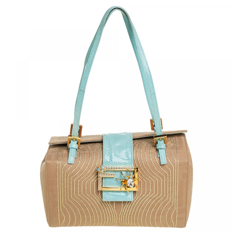 Pre Owned Fendi Beige/Aqua Fabric and Lizard FF Flap Embellished Satchel