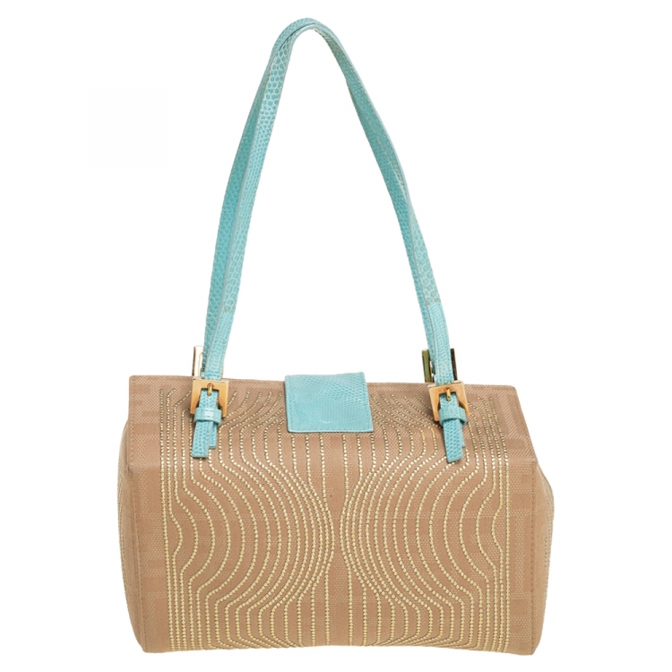 Pre Owned Fendi Beige/Aqua Fabric and Lizard FF Flap Embellished Satchel