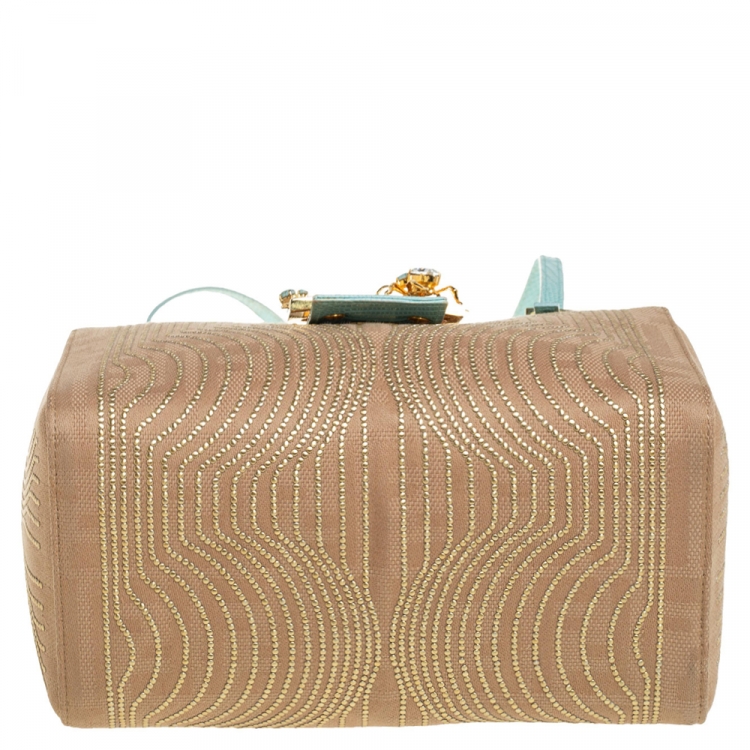 Pre Owned Fendi Beige/Aqua Fabric and Lizard FF Flap Embellished Satchel