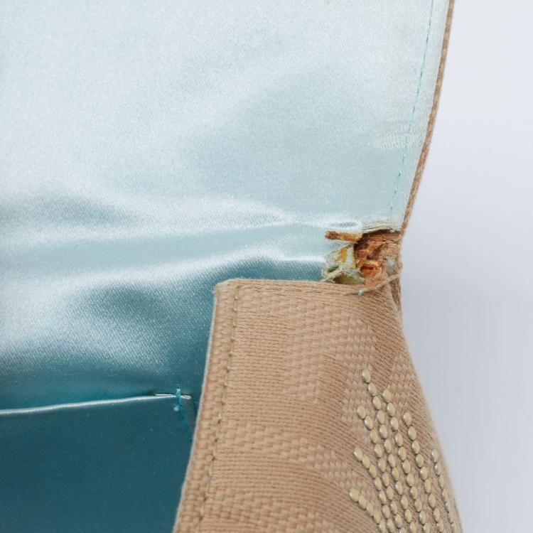 Pre Owned Fendi Beige/Aqua Fabric and Lizard FF Flap Embellished Satchel