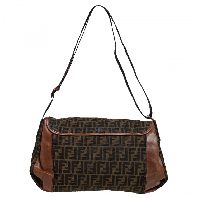 Pre Owned Fendi Tobacco Zucca Canvas and Leather Flap Messenger Bag