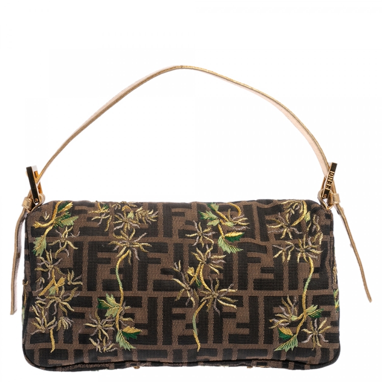Pre Owned Fendi Gold/Tobacco Zucca Canvas and Leather Mamma Baguette Bag