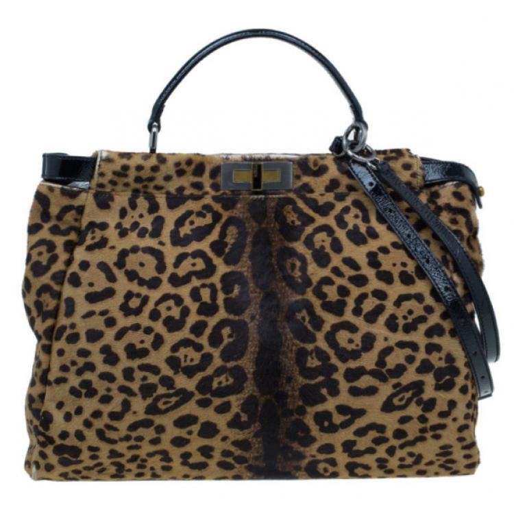 Pre Owned Fendi Black Patent Peekaboo Leopard Tote