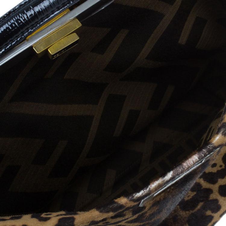 Pre Owned Fendi Black Patent Peekaboo Leopard Tote