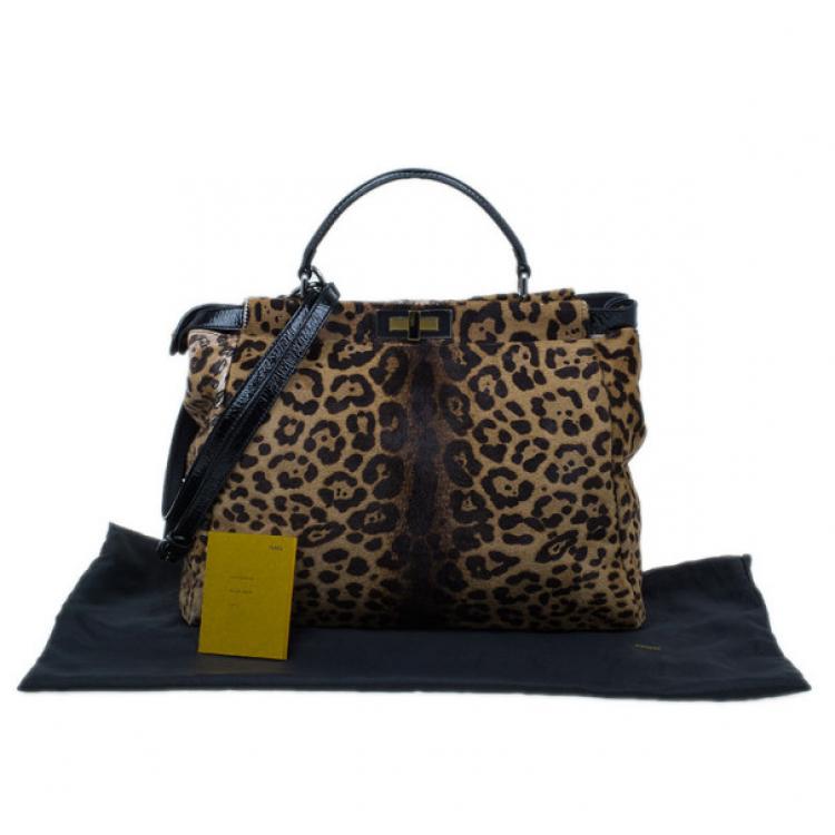 Pre Owned Fendi Black Patent Peekaboo Leopard Tote