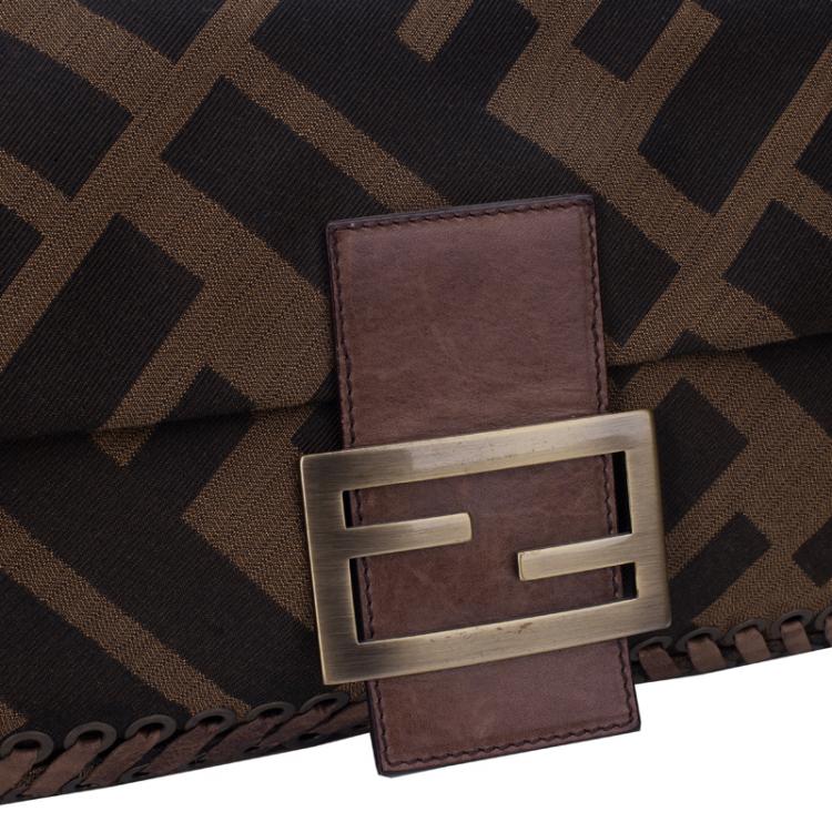 Pre Owned Fendi Tobacco Zucca Canvas Large Baguette Laced Clutch Bag
