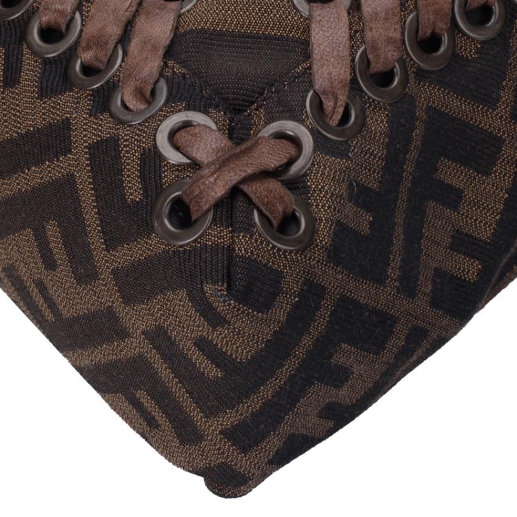 Pre Owned Fendi Tobacco Zucca Canvas Large Baguette Laced Clutch Bag