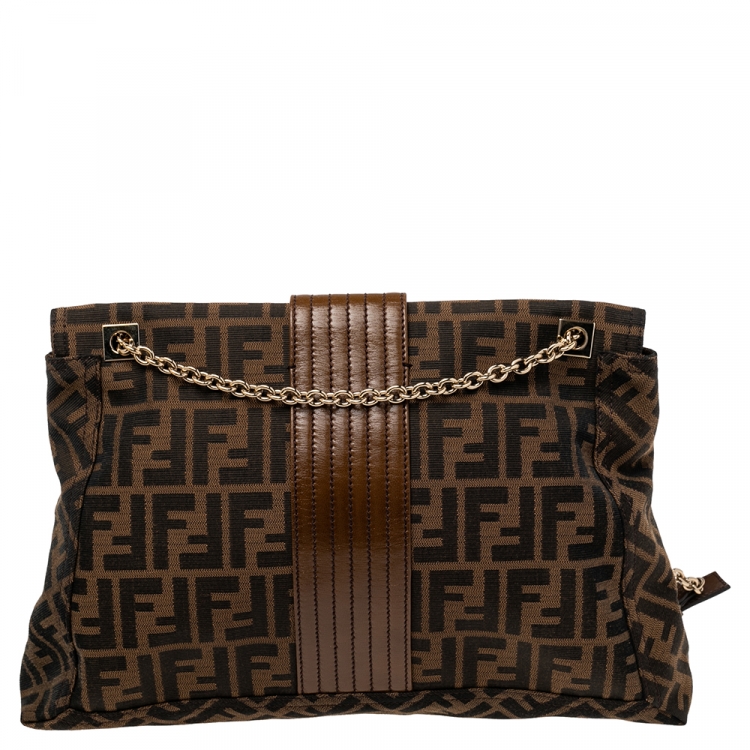 Pre Owned Fendi Tobacco Zucca Canvas and Leather Maxi Baguette Flap Shoulder Bag