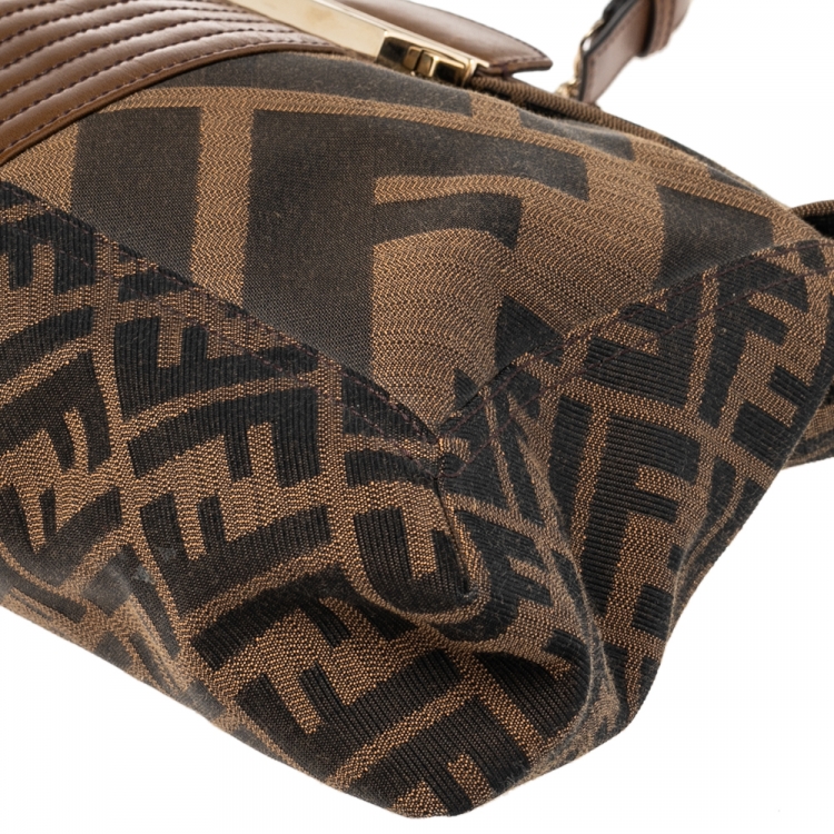 Pre Owned Fendi Tobacco Zucca Canvas and Leather Maxi Baguette Flap Shoulder Bag
