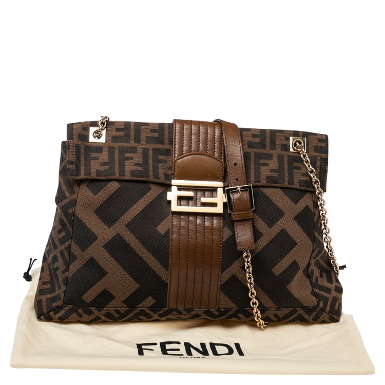 Pre Owned Fendi Tobacco Zucca Canvas and Leather Maxi Baguette Flap Shoulder Bag