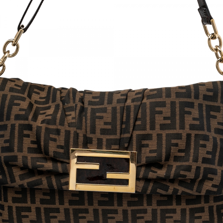 Pre Owned Fendi Tobacco Zucca Canvas and Patent Leather Mia Flap Shoulder Bag