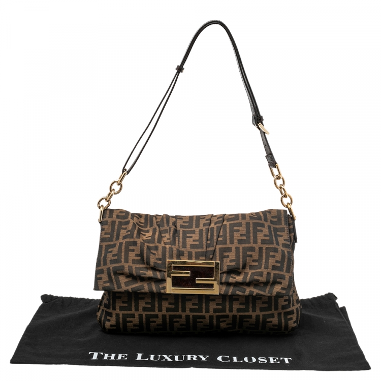 Pre Owned Fendi Tobacco Zucca Canvas and Patent Leather Mia Flap Shoulder Bag