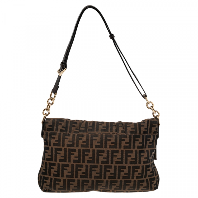 Pre Owned Fendi Tobacco Zucca Canvas and Patent Leather Mia Flap Shoulder Bag