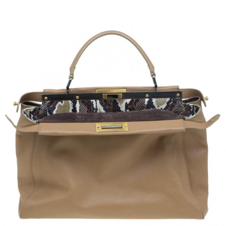 Pre Owned Fendi Brown Leather Python Lined Large Peekaboo Top Handle Bag