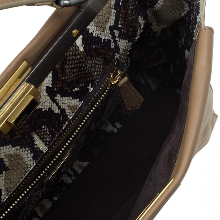 Pre Owned Fendi Brown Leather Python Lined Large Peekaboo Top Handle Bag