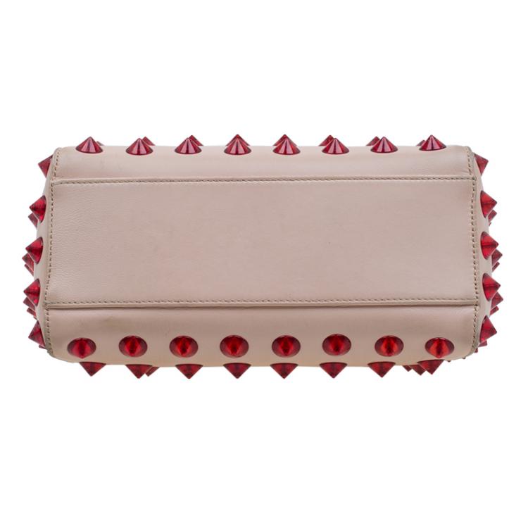 Pre Owned Fendi Pink/Red Leather Mini Studded Peekaboo Top Handle Bag