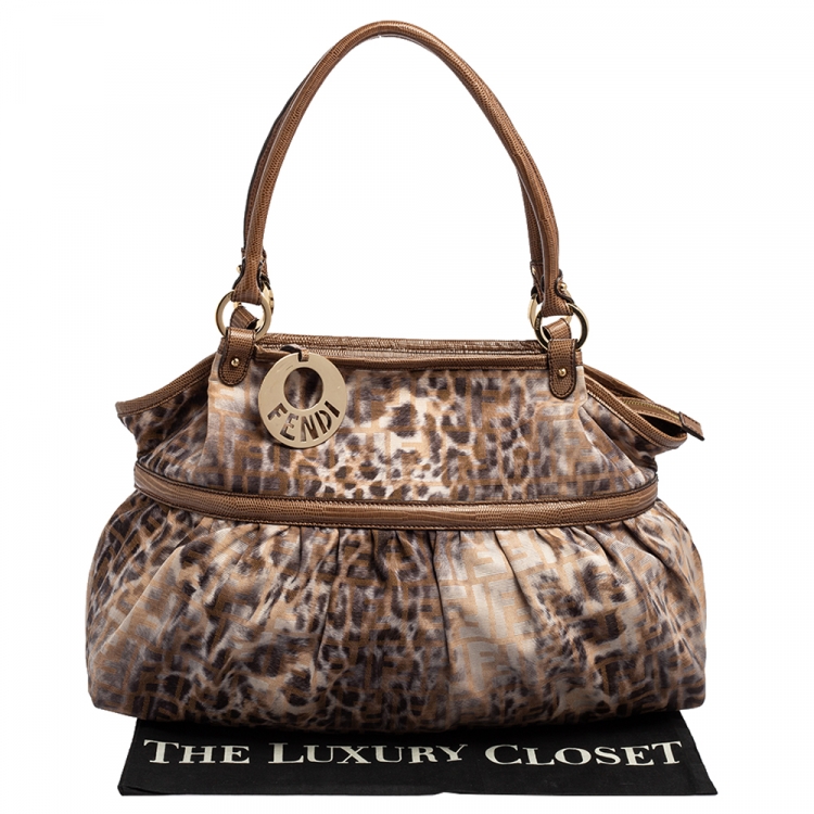 Pre Owned Fendi Brown/Beige Zucca and Leopard Print Fabric and Lizard Trim Chef Tote