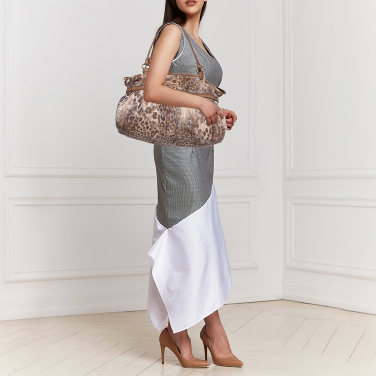 Pre Owned Fendi Brown/Beige Zucca and Leopard Print Fabric and Lizard Trim Chef Tote