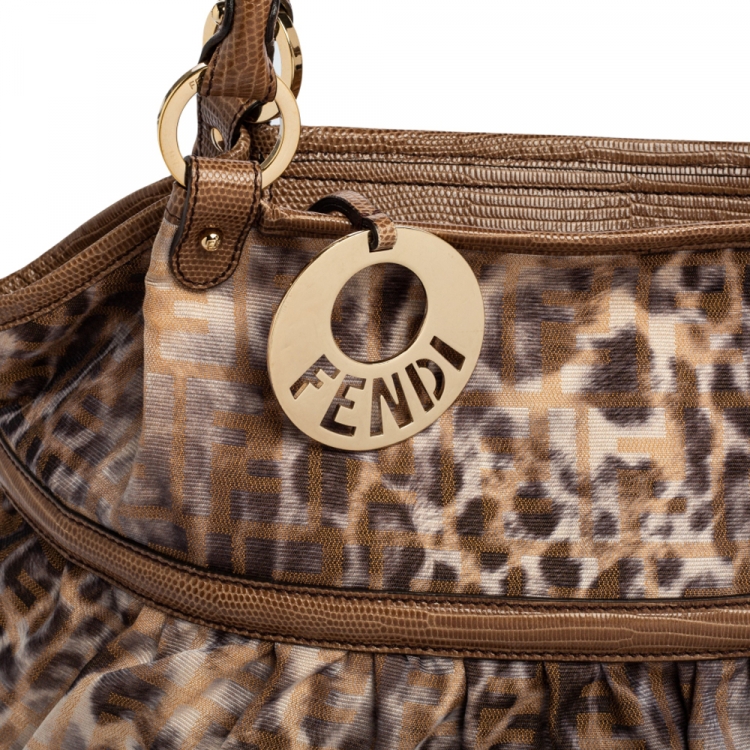 Pre Owned Fendi Brown/Beige Zucca and Leopard Print Fabric and Lizard Trim Chef Tote