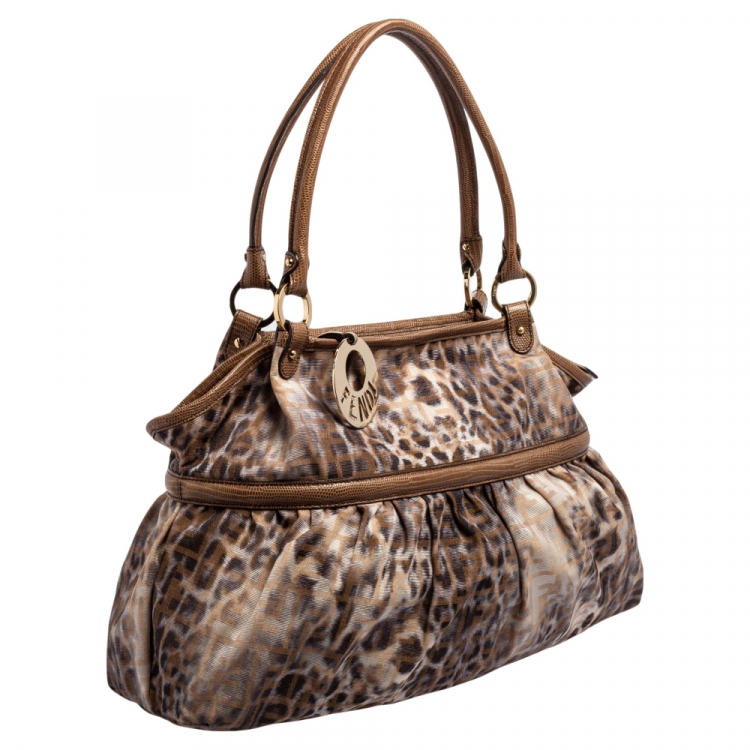 Pre Owned Fendi Brown/Beige Zucca and Leopard Print Fabric and Lizard Trim Chef Tote