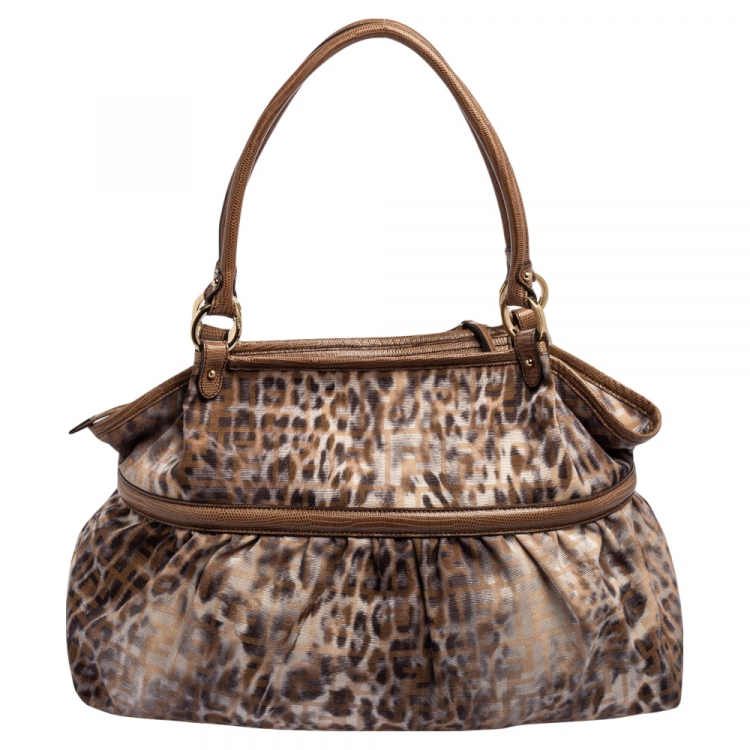 Pre Owned Fendi Brown/Beige Zucca and Leopard Print Fabric and Lizard Trim Chef Tote