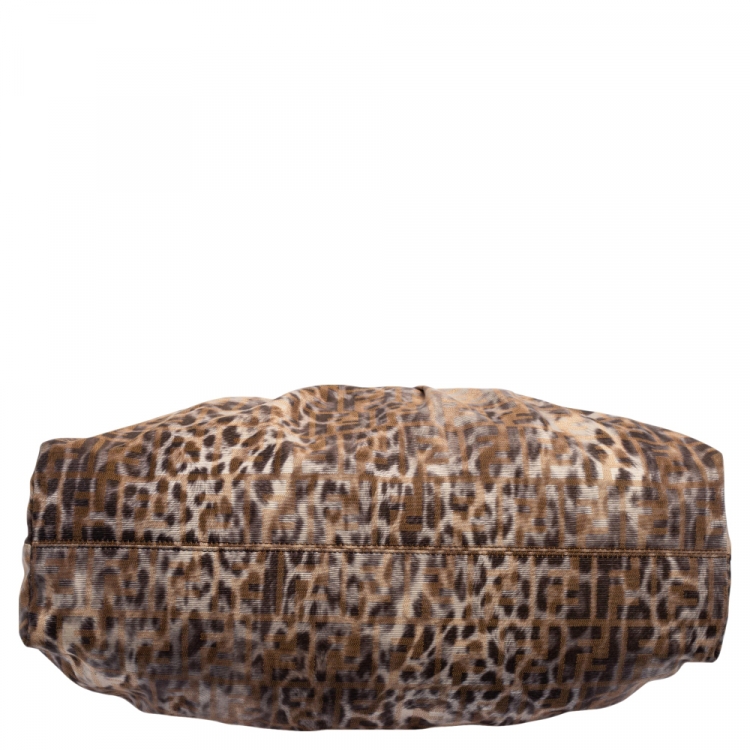 Pre Owned Fendi Brown/Beige Zucca and Leopard Print Fabric and Lizard Trim Chef Tote