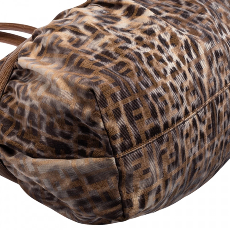 Pre Owned Fendi Brown/Beige Zucca and Leopard Print Fabric and Lizard Trim Chef Tote