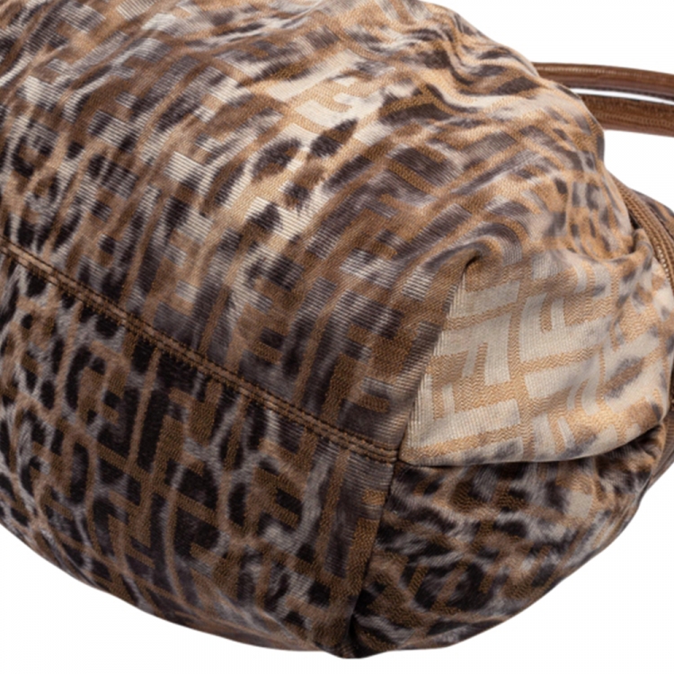 Pre Owned Fendi Brown/Beige Zucca and Leopard Print Fabric and Lizard Trim Chef Tote