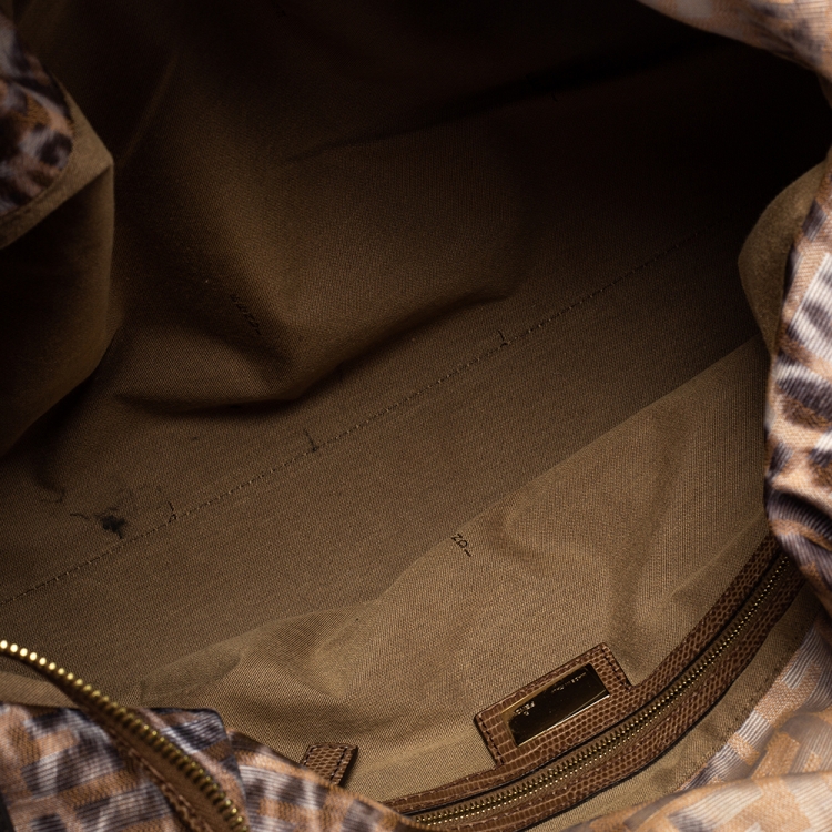 Pre Owned Fendi Brown/Beige Zucca and Leopard Print Fabric and Lizard Trim Chef Tote
