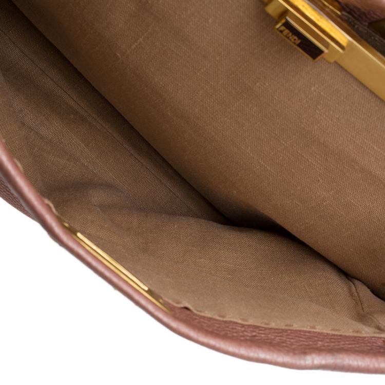 Pre Owned Fendi Metallic Pink Selleria Leather Large Peekaboo Top Handle Bag