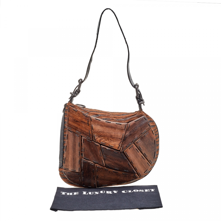 Pre Owned Fendi Brown/Black Wool/Lizard and Wooden Patchwork Oyster Bag
