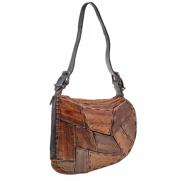 Pre Owned Fendi Brown/Black Wool/Lizard and Wooden Patchwork Oyster Bag