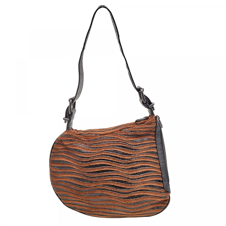 Pre Owned Fendi Brown/Black Wool/Lizard and Wooden Patchwork Oyster Bag