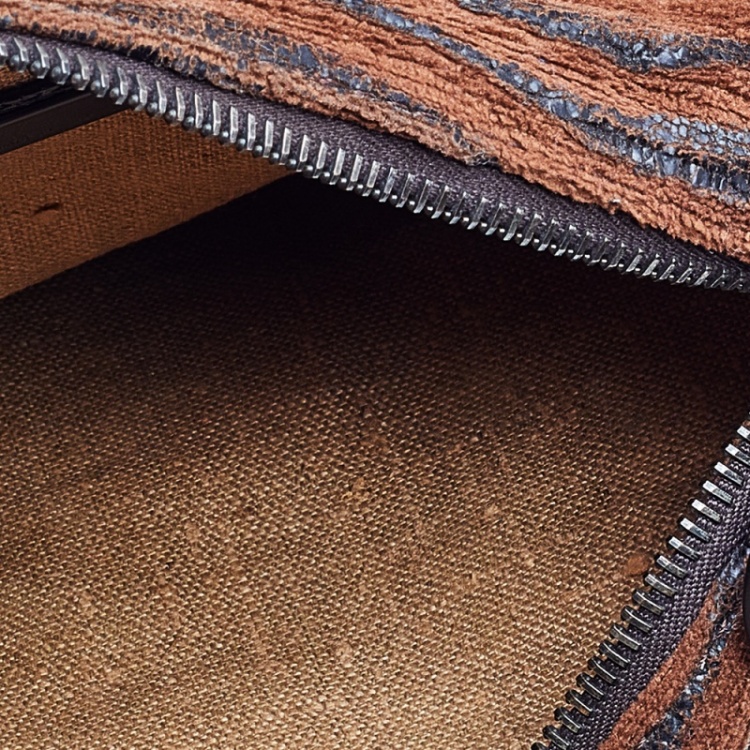 Pre Owned Fendi Brown/Black Wool/Lizard and Wooden Patchwork Oyster Bag