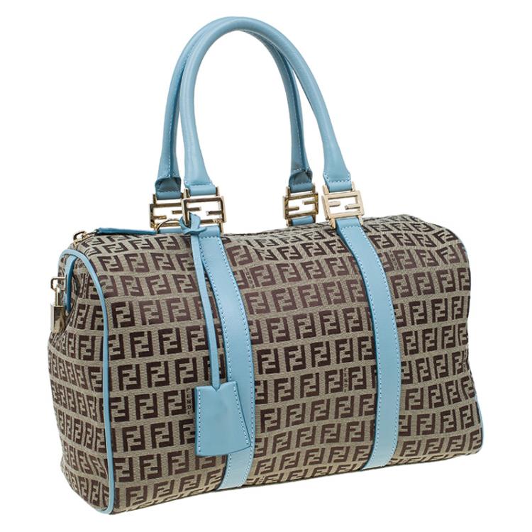 Pre Owned Fendi Blue and Beige Zucchino Canvas Forever Bauletto Boston Bag