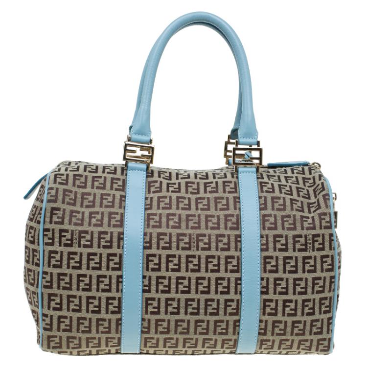 Pre Owned Fendi Blue and Beige Zucchino Canvas Forever Bauletto Boston Bag