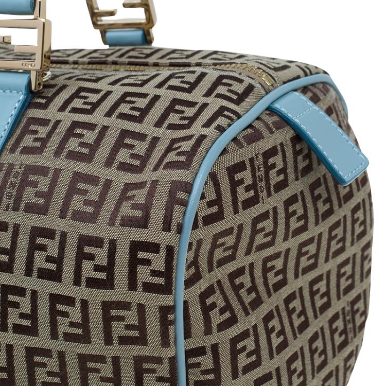 Pre Owned Fendi Blue and Beige Zucchino Canvas Forever Bauletto Boston Bag