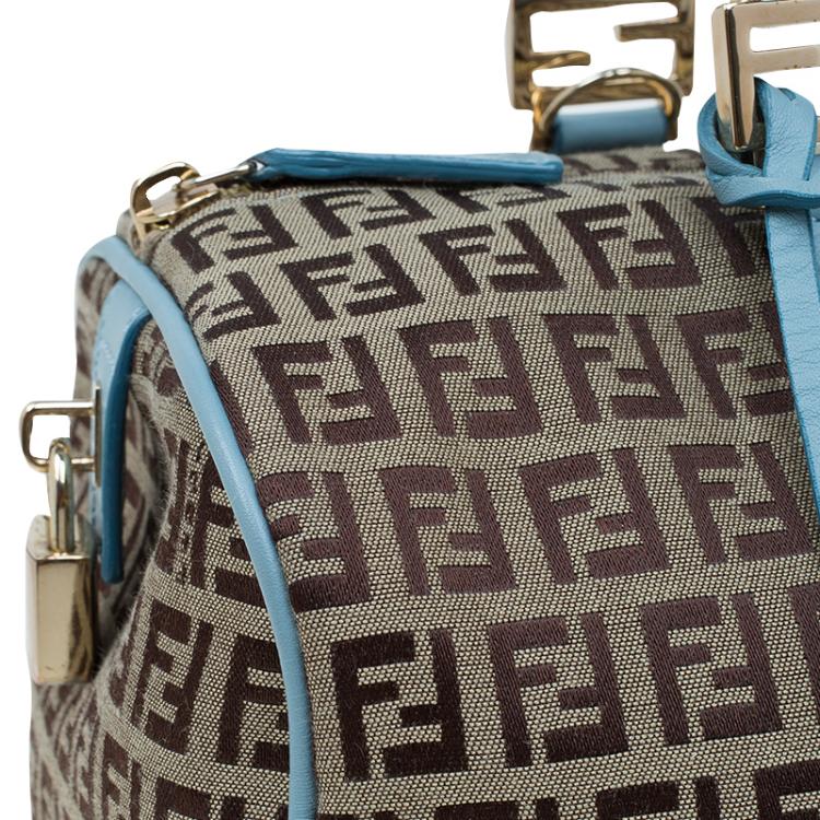 Pre Owned Fendi Blue and Beige Zucchino Canvas Forever Bauletto Boston Bag