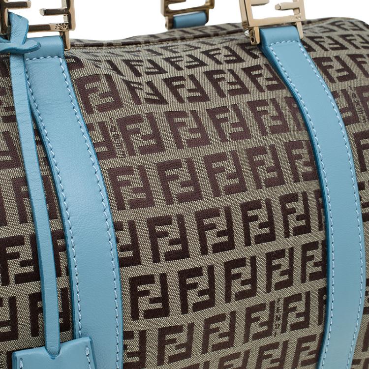 Pre Owned Fendi Blue and Beige Zucchino Canvas Forever Bauletto Boston Bag