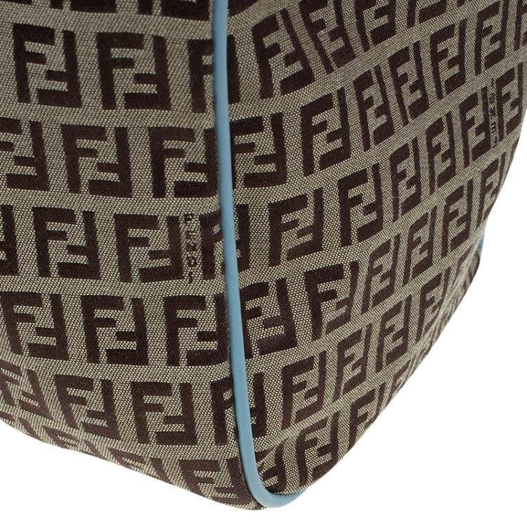 Pre Owned Fendi Blue and Beige Zucchino Canvas Forever Bauletto Boston Bag