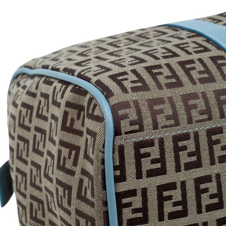 Pre Owned Fendi Blue and Beige Zucchino Canvas Forever Bauletto Boston Bag