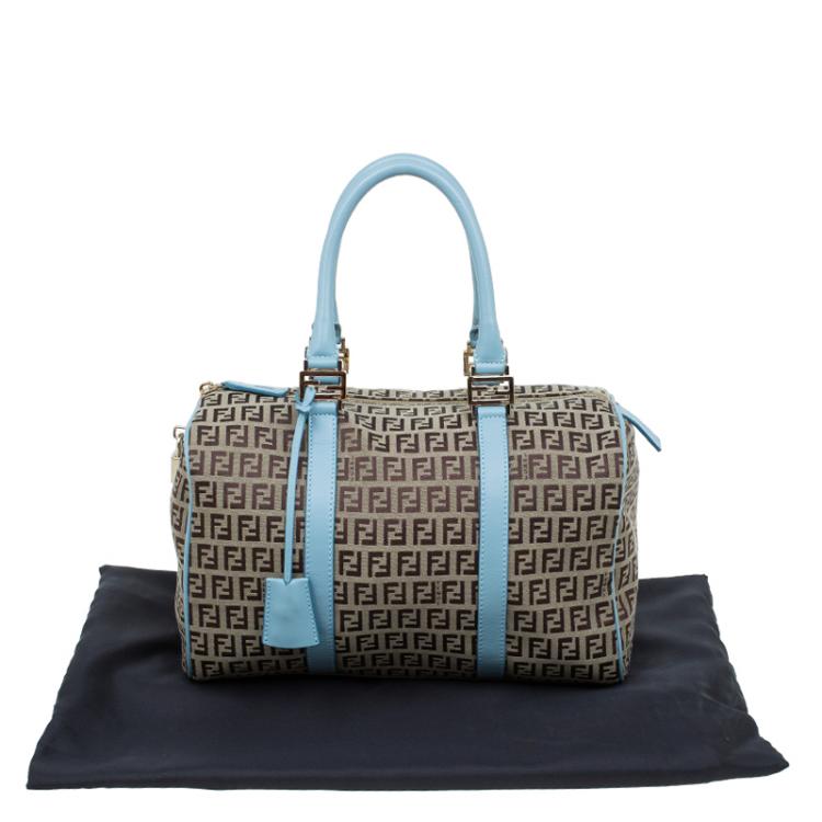 Pre Owned Fendi Blue and Beige Zucchino Canvas Forever Bauletto Boston Bag
