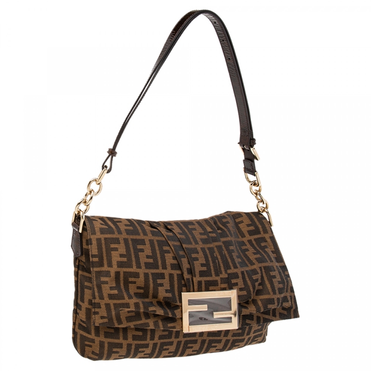 Pre Owned Fendi Tobacco Zucca Canvas and Patent Leather Mia Flap Bag