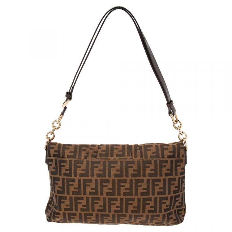 Pre Owned Fendi Tobacco Zucca Canvas and Patent Leather Mia Flap Bag
