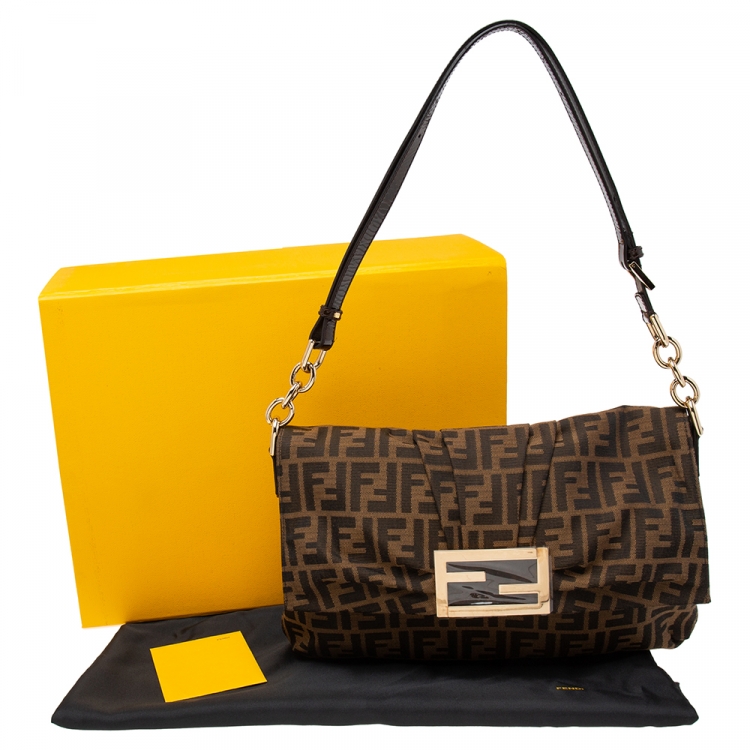Pre Owned Fendi Tobacco Zucca Canvas and Patent Leather Mia Flap Bag