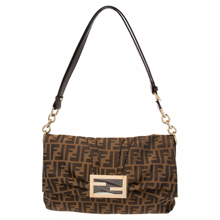 Pre Owned Fendi Tobacco Zucca Canvas and Patent Leather Mia Flap Bag