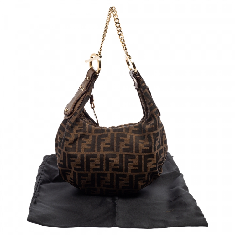 Pre Owned Fendi Tobacco Zucca Canvas and Patent Leather Chef Chain Link Hobo