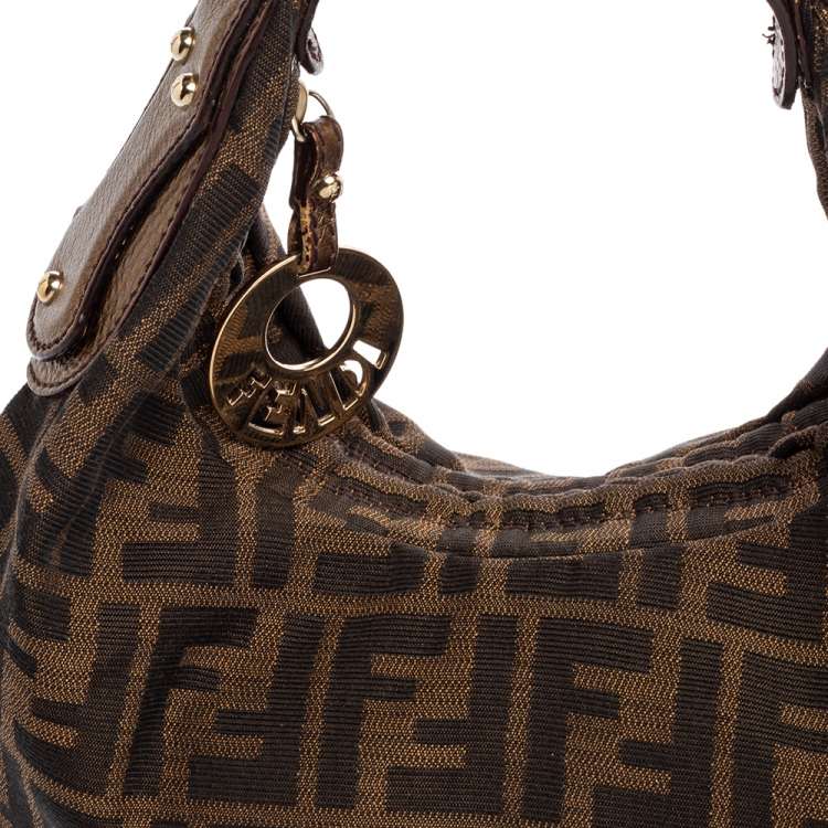 Pre Owned Fendi Tobacco Zucca Canvas and Patent Leather Chef Chain Link Hobo
